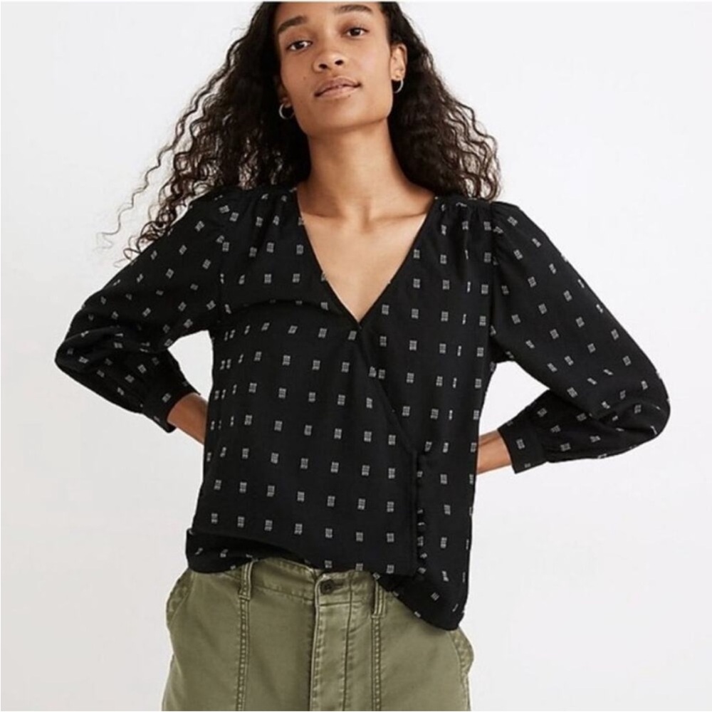 Madewell Kinston Dobby Textured Side Button Wrap Top Black Size Large